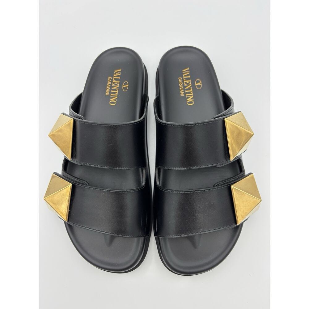 Authentic Valentino One Stud Rockstud Two Strap Sandal Black Gold Size 37.5 Dad - Picture 4 of 16